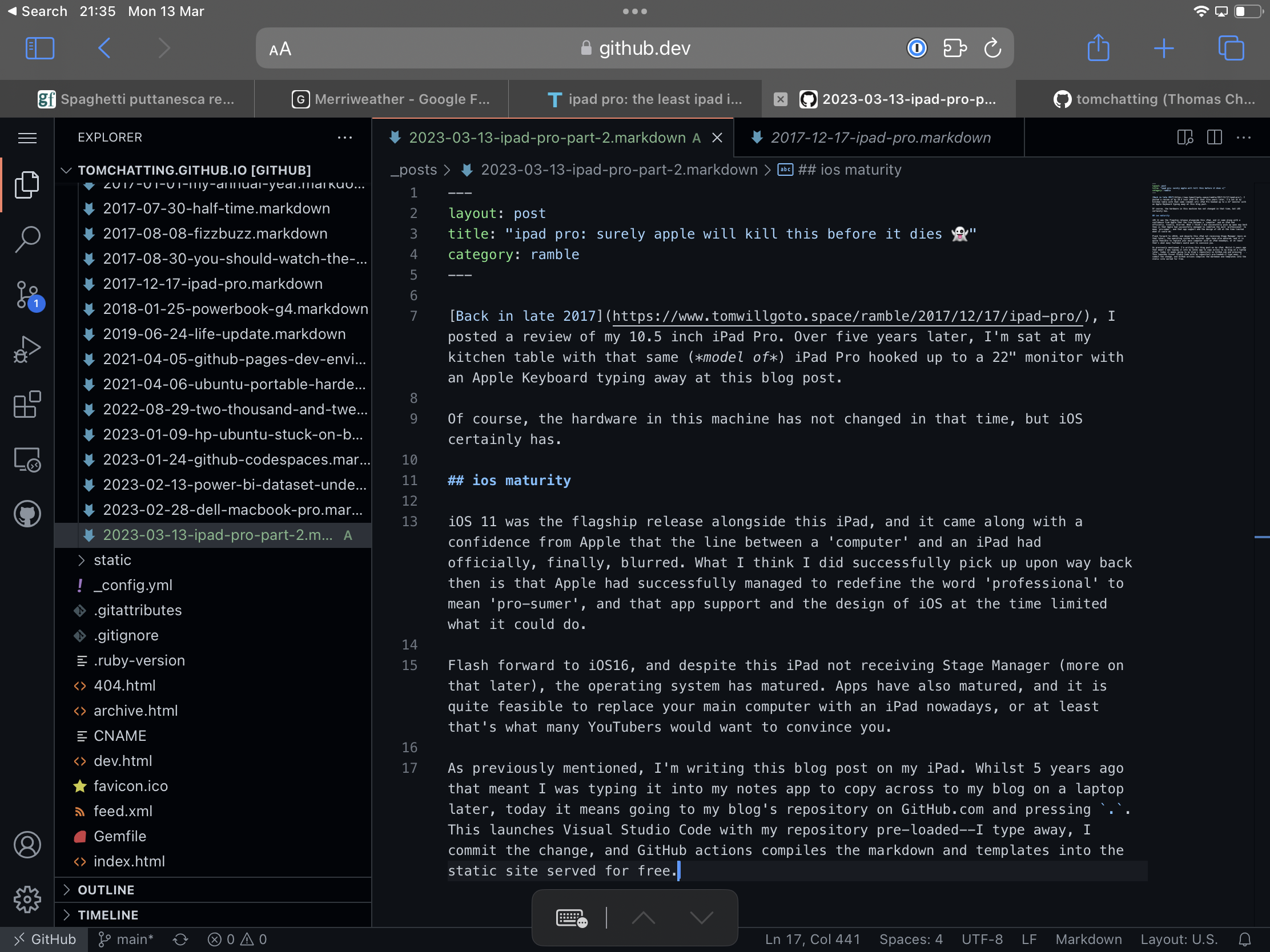 A screenshot from my iPad Pro of me writing this blog post in Visual Studio Code, in Safari