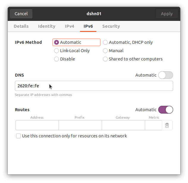 screenshot of dns settings panel in ubuntu